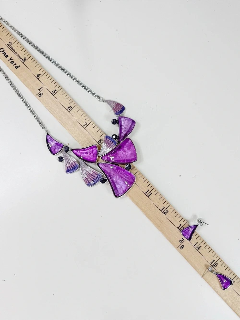 Rivir Purple and Silver Enamel Bib Statement Necklace and Earring Set Y2K‎